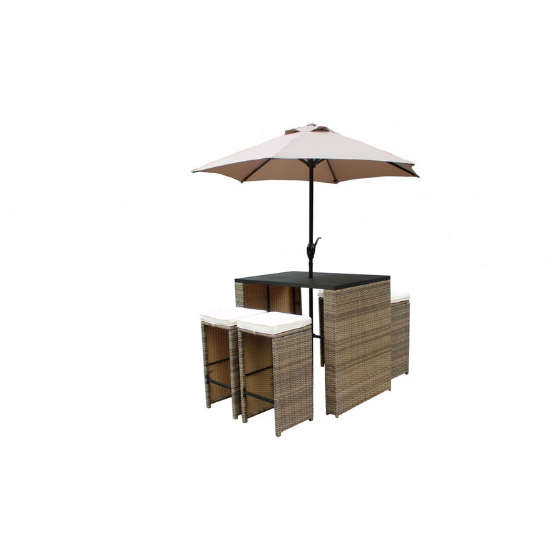 Homeroots  Six Piece Brown and Tan Faux Wicker Outdoor Bar Height Table Set with Umbrella and Stools 473133