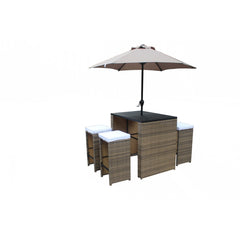 Homeroots Six Piece Brown and White Faux Wicker Outdoor Bar Height Table Set with Umbrella and Stools 473134