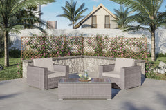 Homeroots Three Piece Beige SQA Faux Rattan and Tan Outdoor Seating Set with Table 476688