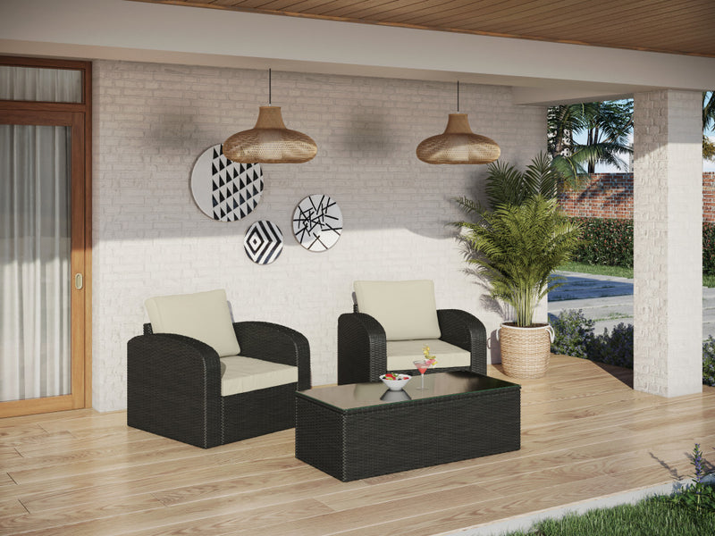 Homeroots Three Piece Black RA Faux Rattan and Ivory Outdoor Seating Set with Table 476689