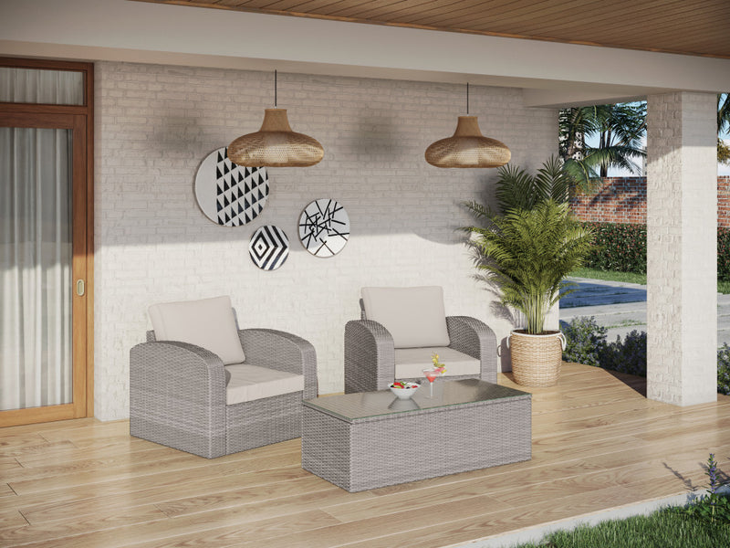 Homeroots Three Piece Beige RA Faux Rattan and Tan Outdoor Seating Set with Table 476691