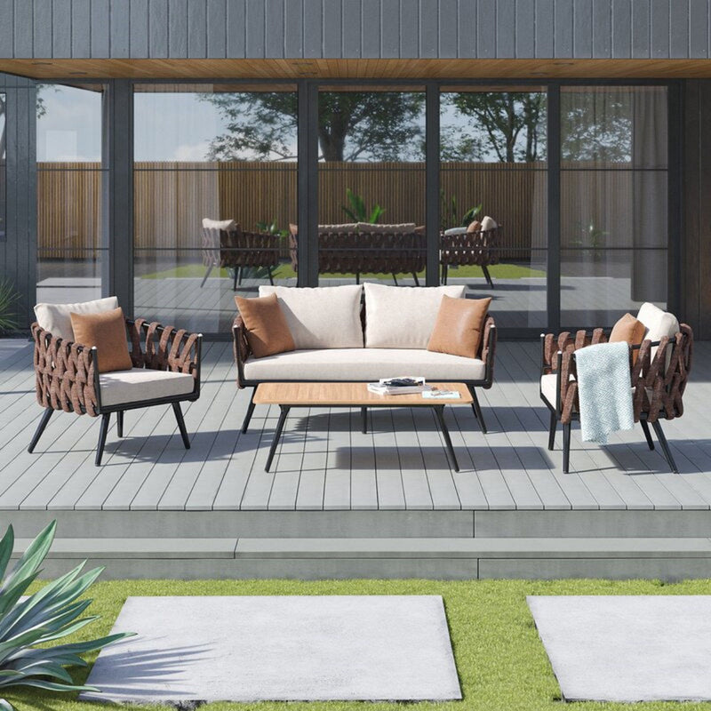 Manhattan Comfort Crown 4-Piece Metal Patio Conversation Set with Brown and White Cushions OD-CV004