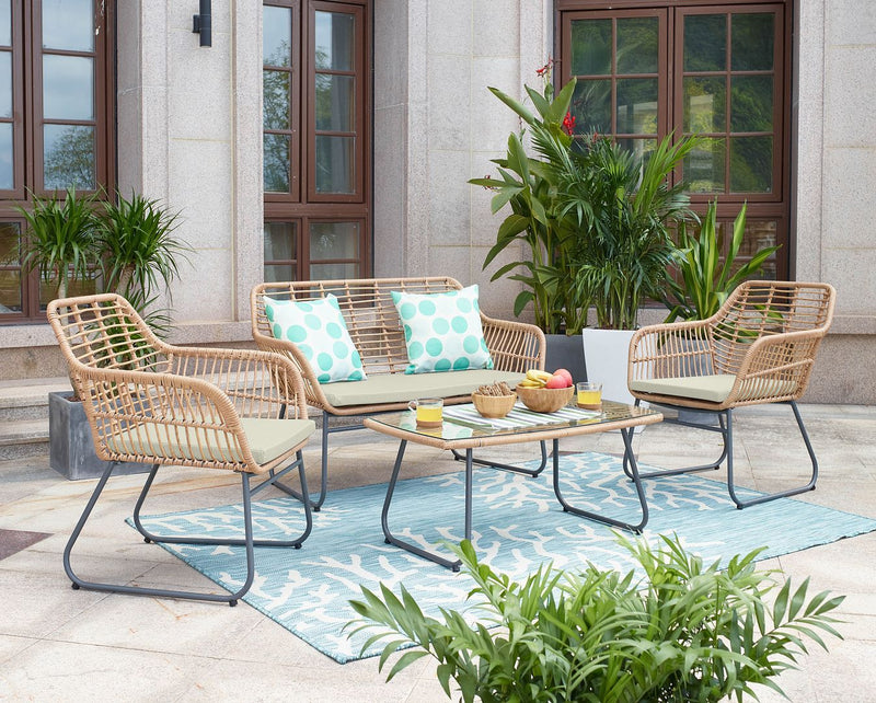 Manhattan Comfort Antibes 2.0 Steel Rattan 4-Piece Patio Conversation Set with Cushions