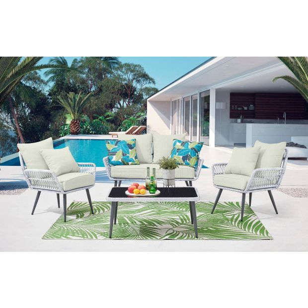 Manhattan Comfort Portofino Rope Wicker 4-Piece Patio Conversation Set with Cushions