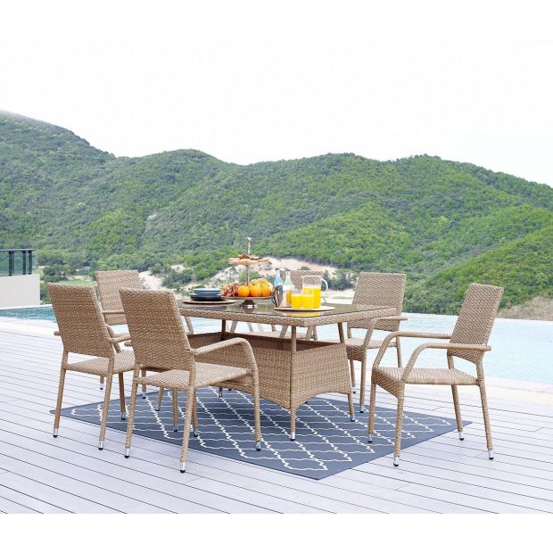 Manhattan Comfort Genoa 7-Piece Steel Rectangle Glass Top Outdoor Dining Table and 6 Armchairs without cushions OD-DS002-NE